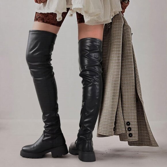 Womens Black Polyurethane (PU) Rounded Toe Chunky Heel Stretch Thigh High Boots - Picture 6 of 7